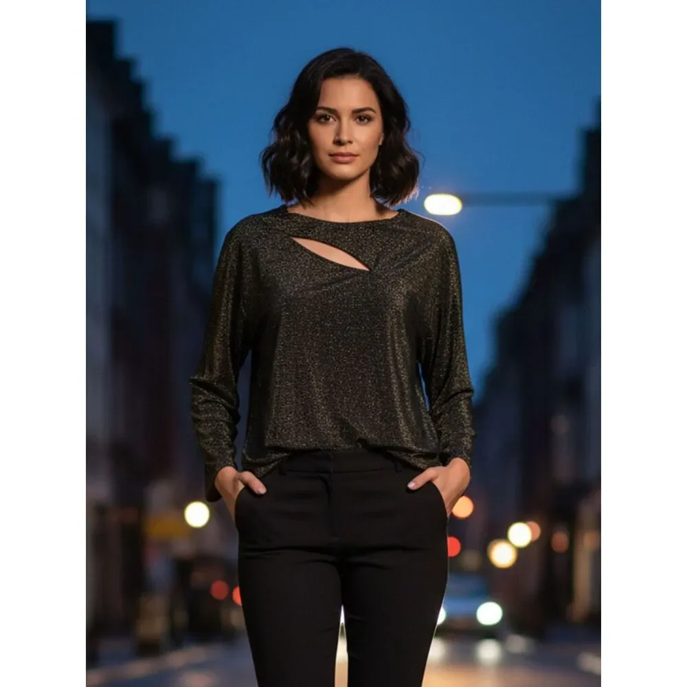 DKNY Gold & Black Shimmer Cutout Top - XL